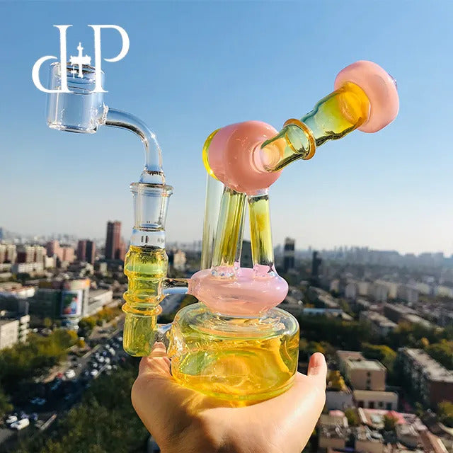PlusPlus Glass Bong Water Pipe 022B Telescopic Triplex Unique Peachblow color heady art pipe with percolator 7&quot; Height 14mm Female