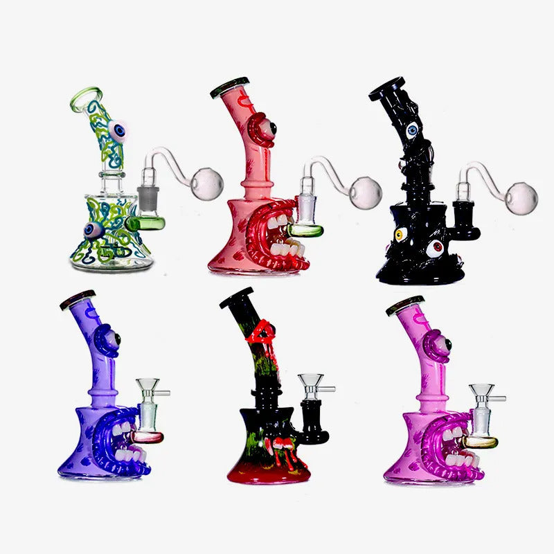 New Design Glass Bongs Hookah Halloween 3D Eyes Smoking Water Pipes Showerhead Perc Recycler Dab Rigs Beaker Bong with Glass Oil Burner Pipe
