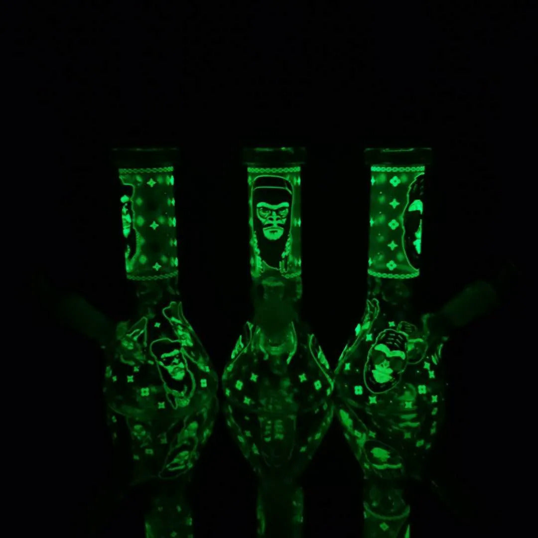 8 Inch 20CM Glow In the Dark Smoking Blue Monkey Gorilla Glass Beaker Bong Halloween Hookah Water Pipe Dab Rig Percolator Glass