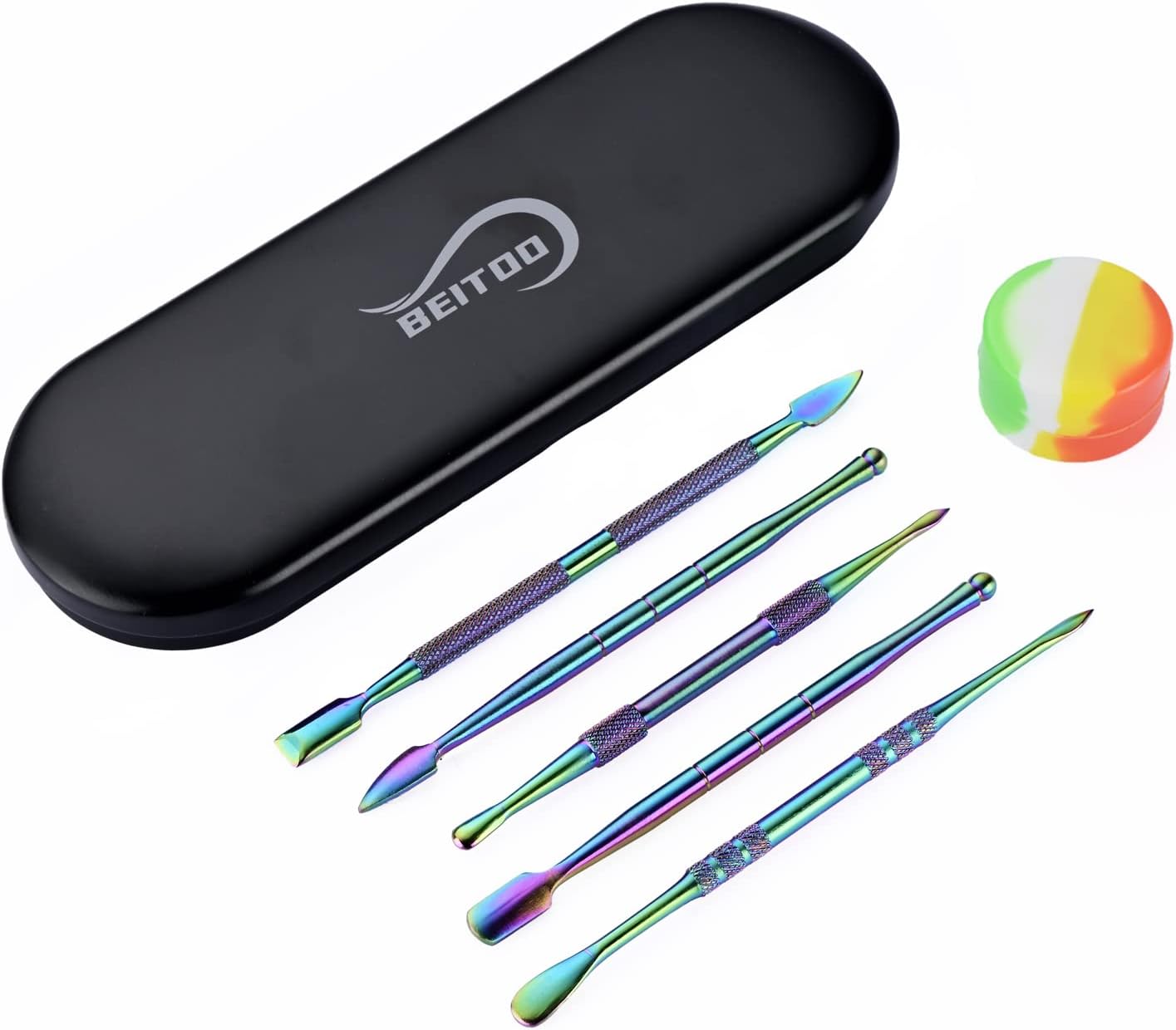 BEITOO 6-Pieces Wax Carving Tool Set Rainbow Stainless Steel Collecting Accessories with 5ml Silicone Containers Jar