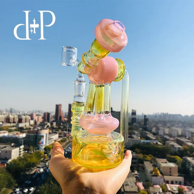 PlusPlus Glass Bong Water Pipe 022B Telescopic Triplex Unique Peachblow color heady art pipe with percolator 7&quot; Height 14mm Female