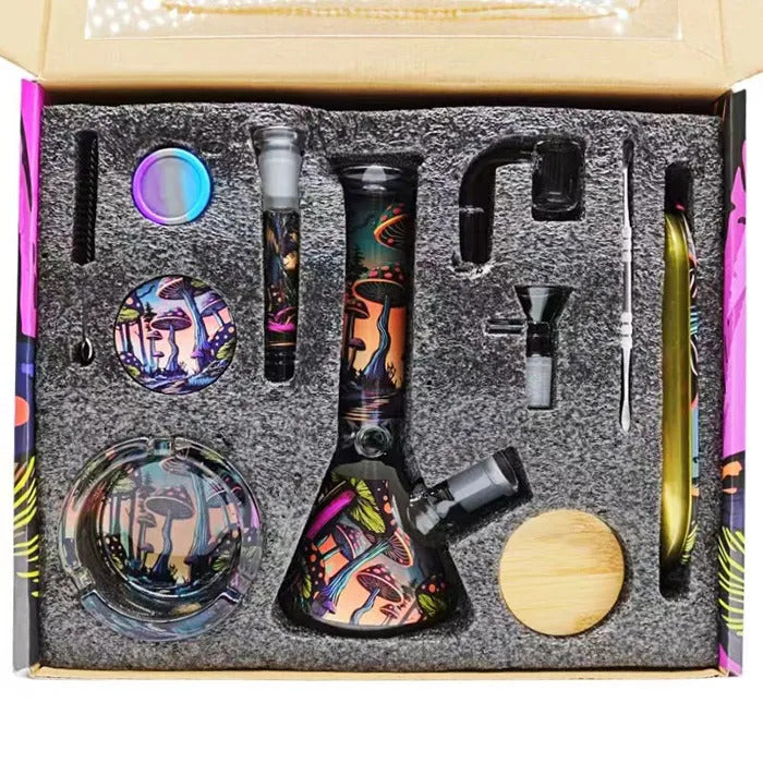 Glass Bong Smoking Kit 11 Pieces Hookah Accessories With Herb Grinder Storage Tank Rolling Tray Ashtray Quartz Banger Dab Rig Water Pipe Bongs