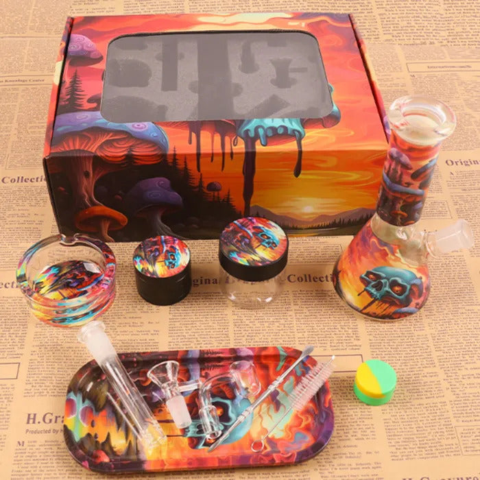 Glass Bong Smoking Kit 11 Pieces Hookah Accessories With Herb Grinder Storage Tank Rolling Tray Ashtray Quartz Banger Dab Rig Water Pipe Bongs