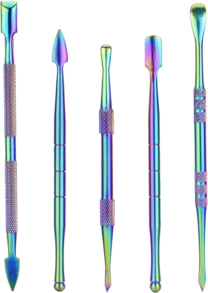 BEITOO 6-Pieces Wax Carving Tool Set Rainbow Stainless Steel Collecting Accessories with 5ml Silicone Containers Jar