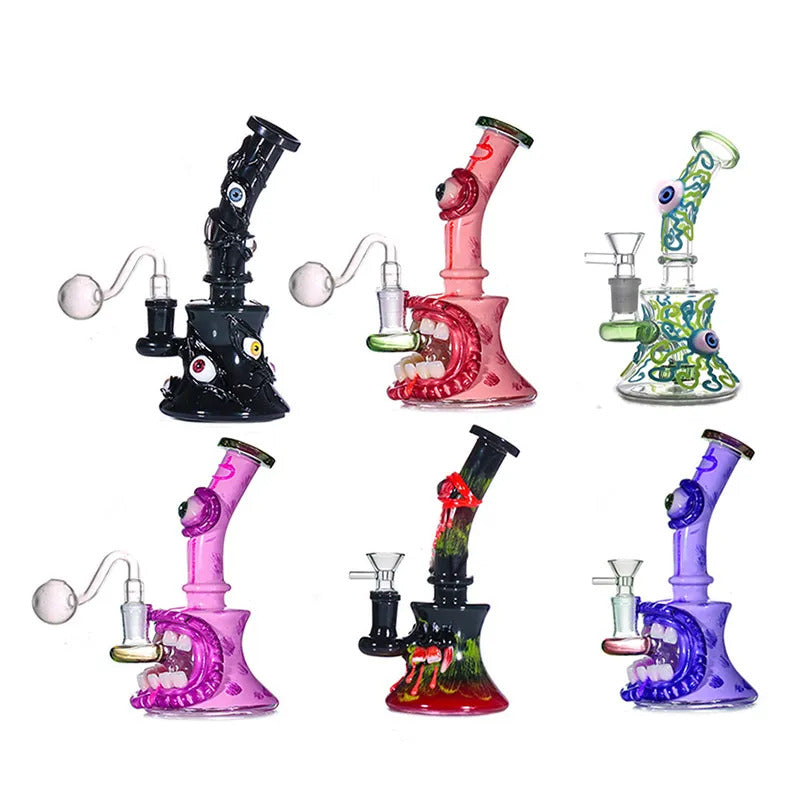 New Design Glass Bongs Hookah Halloween 3D Eyes Smoking Water Pipes Showerhead Perc Recycler Dab Rigs Beaker Bong with Glass Oil Burner Pipe
