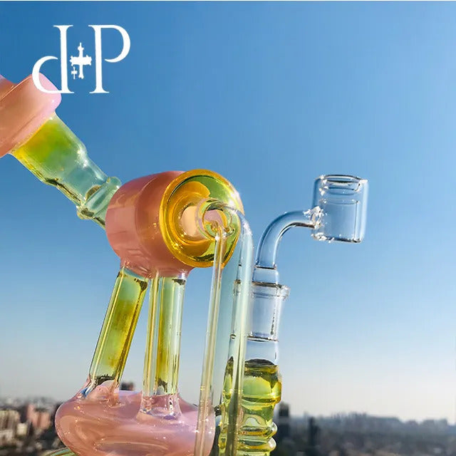 PlusPlus Glass Bong Water Pipe 022B Telescopic Triplex Unique Peachblow color heady art pipe with percolator 7&quot; Height 14mm Female