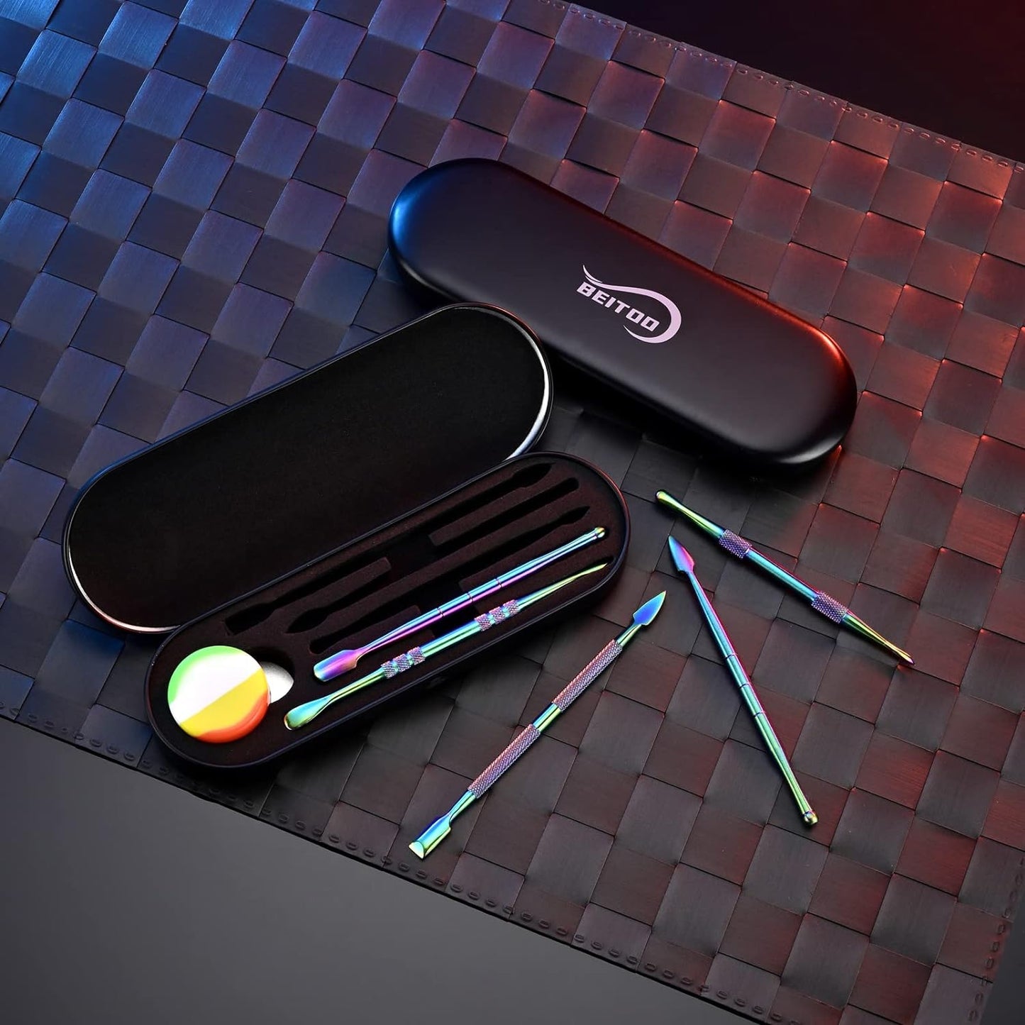 BEITOO 6-Pieces Wax Carving Tool Set Rainbow Stainless Steel Collecting Accessories with 5ml Silicone Containers Jar