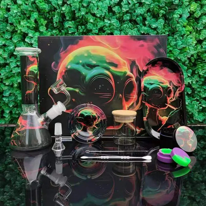 Glass Bong Smoking Kit 11 Pieces Hookah Accessories With Herb Grinder Storage Tank Rolling Tray Ashtray Quartz Banger Dab Rig Water Pipe Bongs