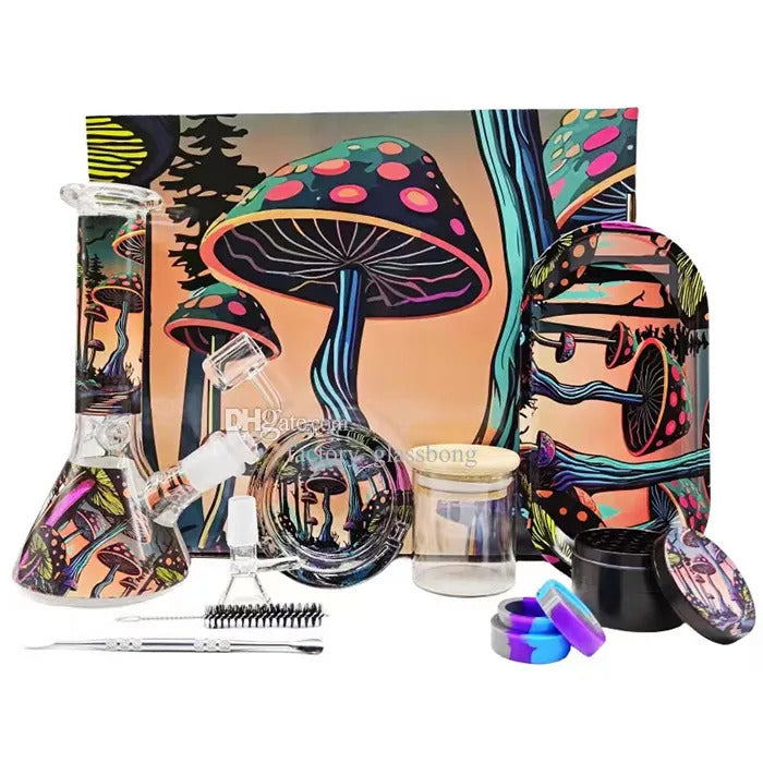 Glass Bong Smoking Kit 11 Pieces Hookah Accessories With Herb Grinder Storage Tank Rolling Tray Ashtray Quartz Banger Dab Rig Water Pipe Bongs