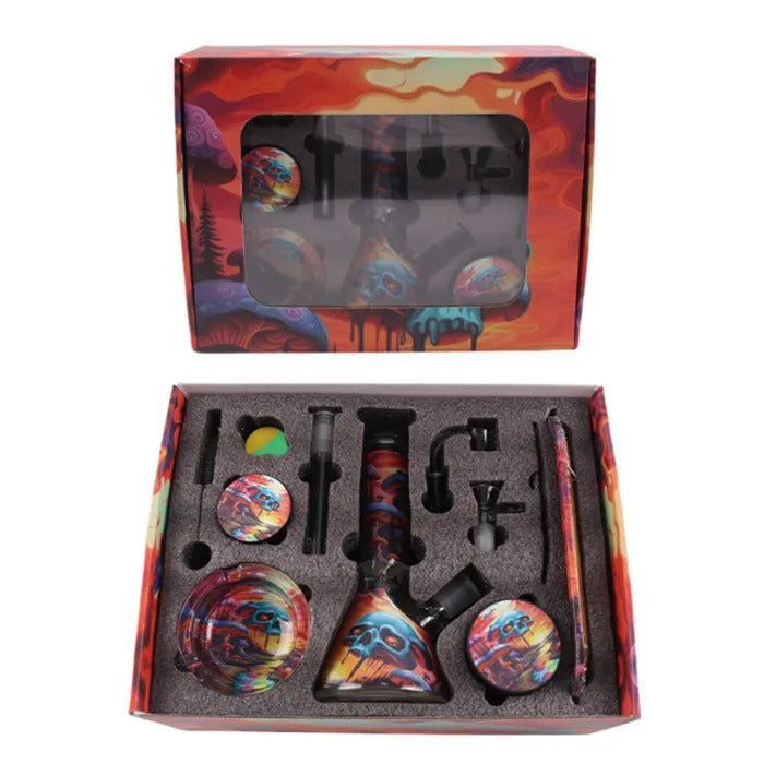 Glass Bong Smoking Kit 11 Pieces Hookah Accessories With Herb Grinder Storage Tank Rolling Tray Ashtray Quartz Banger Dab Rig Water Pipe Bongs