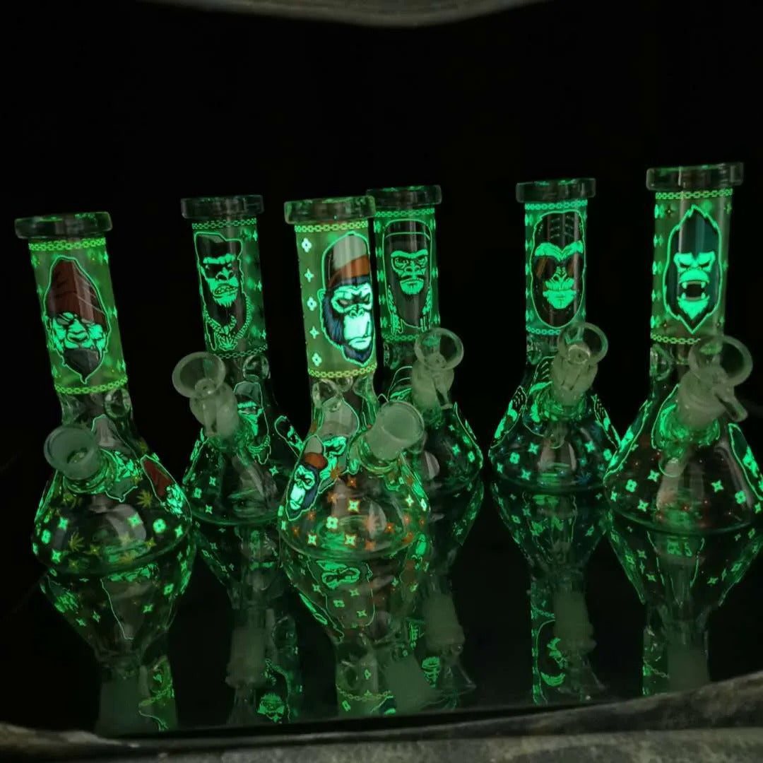 8 Inch 20CM Glow In the Dark Smoking Blue Monkey Gorilla Glass Beaker Bong Halloween Hookah Water Pipe Dab Rig Percolator Glass