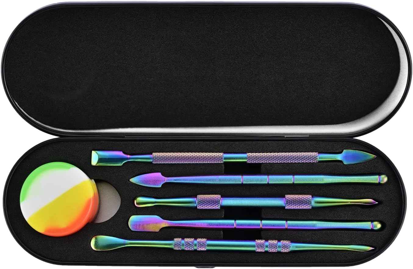BEITOO 6-Pieces Wax Carving Tool Set Rainbow Stainless Steel Collecting Accessories with 5ml Silicone Containers Jar