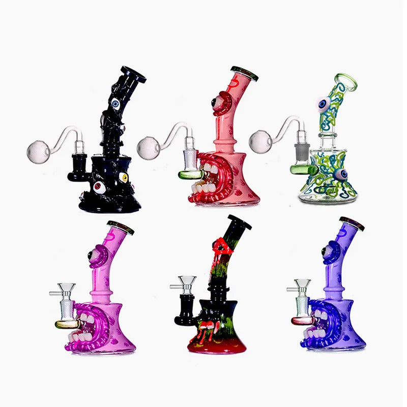 New Design Glass Bongs Hookah Halloween 3D Eyes Smoking Water Pipes Showerhead Perc Recycler Dab Rigs Beaker Bong with Glass Oil Burner Pipe