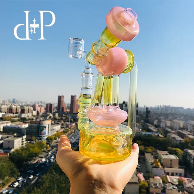 PlusPlus Glass Bong Water Pipe 022B Telescopic Triplex Unique Peachblow color heady art pipe with percolator 7&quot; Height 14mm Female