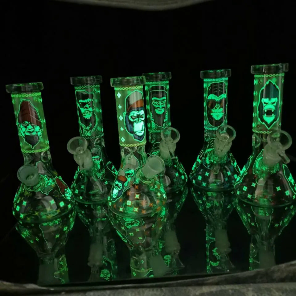 8 Inch 20CM Glow In the Dark Smoking Blue Monkey Gorilla Glass Beaker Bong Halloween Hookah Water Pipe Dab Rig Percolator Glass