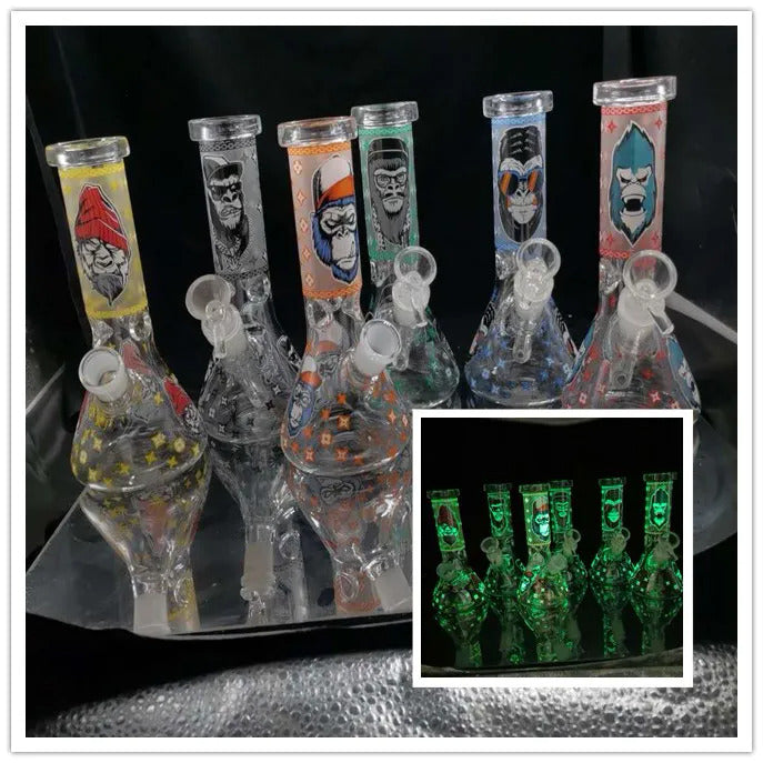 8 Inch 20CM Glow In the Dark Smoking Blue Monkey Gorilla Glass Beaker Bong Halloween Hookah Water Pipe Dab Rig Percolator Glass