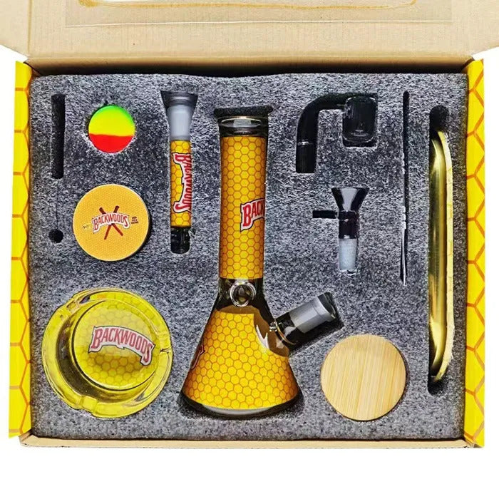 Glass Bong Smoking Kit 11 Pieces Hookah Accessories With Herb Grinder Storage Tank Rolling Tray Ashtray Quartz Banger Dab Rig Water Pipe Bongs